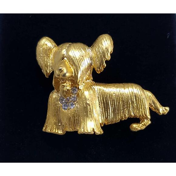 Vintage Papillon Dog Brooch, Rhinestone Collar, Gold Plated, 1980s - Picture 1 of 10